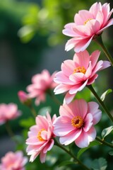 Pastel pink artificial flowers in a walled garden setting , pastel pink, artificial flowers, floral wall