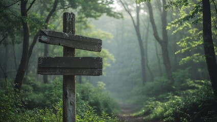 An old wooden signpost with a blank board stands in the woods.