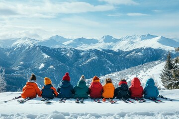 Group of happy kids boys and girls lay together in the snow with ski in a row looking on high mountain range