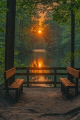 Sunset view from a wooden bench by a tranquil lake surrounded by lush trees