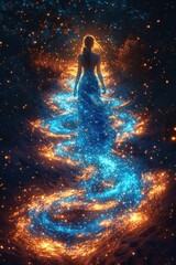 Mystical woman walking along a shimmering path of light in a dark, enchanting landscape at night