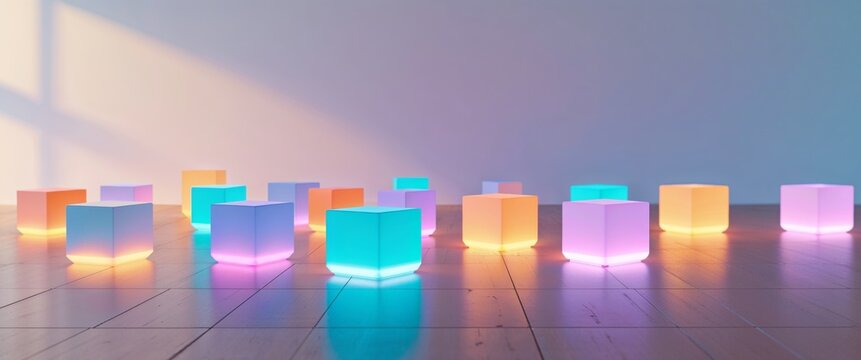Glowing Cube Robots Walking on Wooden Floor.
