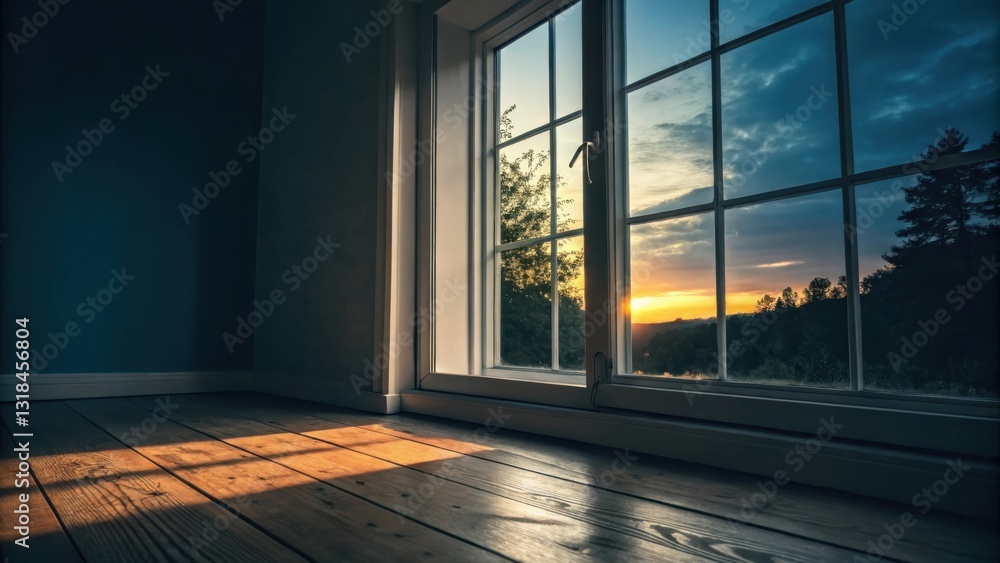 Aufkleber Golden light streams through a window, casting long shadows on the wooden floor, framing a breathtaking sunset view of distant trees and a hazy sky.
