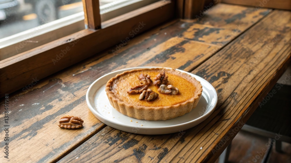Aufkleber A single serving pumpkin pie with a flaky crust and pecan toppings rests on a white plate on a rustic wooden table.