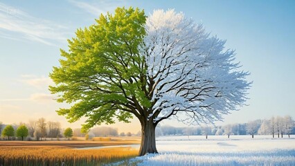 Tree in both summer and winter. Tree with half green and blue sky in summer, and half without leaves and snow-covered ground in winter.