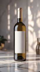 Obraz premium Elegant wine bottle on a marble surface, reflecting luxury and refinement with its sleek design and blank label, ideal for customization.