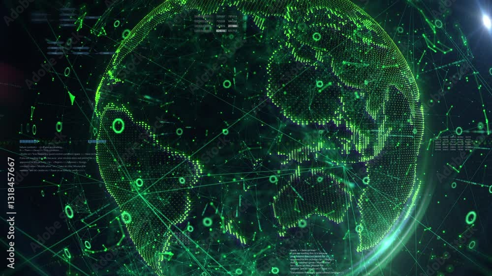 Aufkleber Digital technology globe circular line network connection. Green planet, lens flares with copy space for business, infographic 4K motion background 
