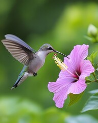 Naklejka premium Hummingbird Feeding on Pink Hibiscus Flower Nature Wildlife Wings Sweet Color Green Image