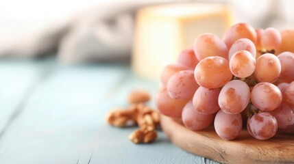 Plump grapes rest beside walnuts and cheese on a rustic wooden board, highlighting a fresh and appetizing culinary display