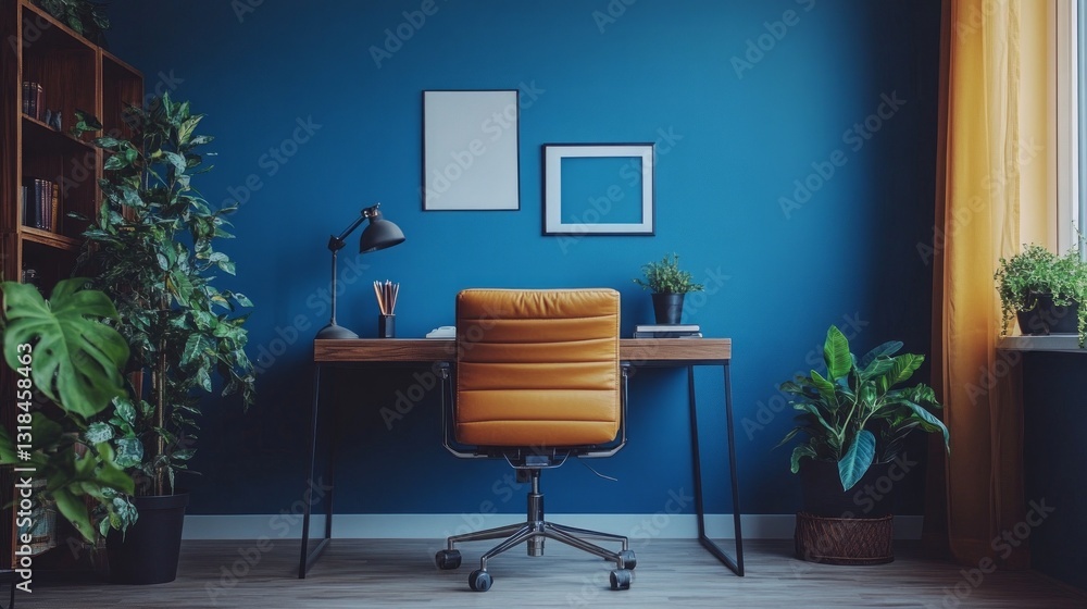 Poster a warm and inviting home office features a sleek wooden desk with an orange chair positioned under s