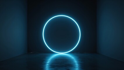 Obraz premium Neon lighted circle is lit up in a dark room.