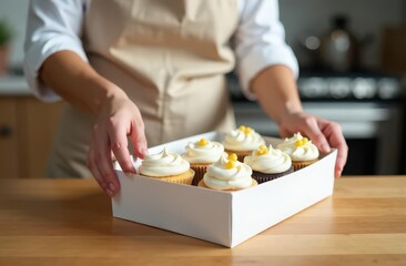 Close up view of woman hands holding a delivery white box with different cupcakes. Home pastry chef, desserts delivery concept. Woman is weating apron. 