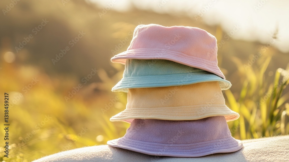 Aufkleber pastel-colored bucket hats arranged in a playful stack, glowing softly in the warm light of sunset, 