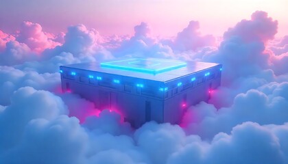 Obraz premium Futuristic floating building surrounded by fluffy clouds and bright lights
