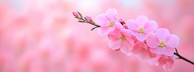 Delicate Pink Cherry Blossoms on Branch, Soft Focus and Blurred Background