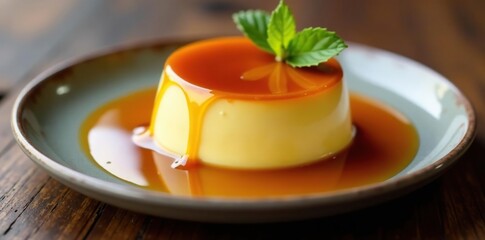 Creamy flan with caramel sauce drizzled over the top on a metal tray, sauce, dessert topping, flan