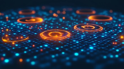 A dark grid with luminous data shapes, pie charts, and numeric highlights.