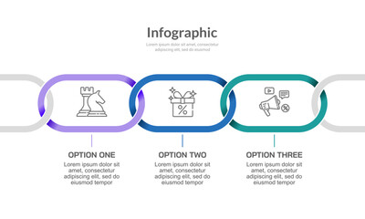 Infographic Chain 3 Options for Business Marketing. Presentation, Report, Data, Plan and Strategy. Vector illustration.