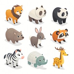 Fototapeta premium Adorable Cartoon Animals Collection Isometric Zoo Wildlife Set Cute Panda Zebra Deer