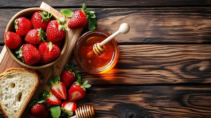 Sweet Strawberries Honey Breakfast Rustic Wooden Background red top eat food ripe view