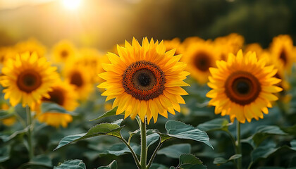 Obraz premium Golden Sunflowers Field at Sunset