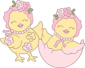 Cute Easter Chicken with a Decorative Easter Egg in a Groovy Retro Hippie Design