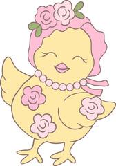 Cute Easter Chicken with a Decorative Easter Egg in a Groovy Retro Hippie Design