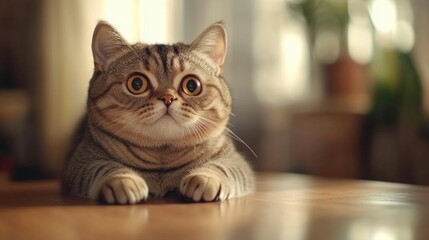 Cute Gray Cat with Big Eyes Relaxing on a Wooden Surface at Home
