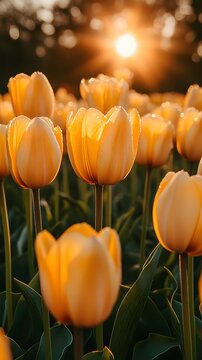 Fototapeta a field of tulips against a sunset background