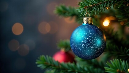 Sparkling blue glass ornament on a Christmas tree branch, festive colors, christmas tree decoration