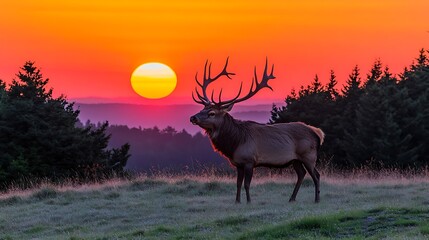 Majestic elk silhouetted against a vibrant sunset.