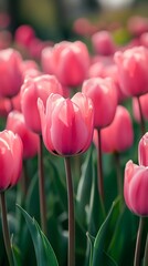 a field of tulips against a sunset background