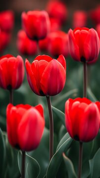 Fototapeta a field of tulips against a sunset background