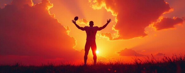 Obraz premium Silhouette of an American football player standing tall with arms stretched out , focus, movement, american football