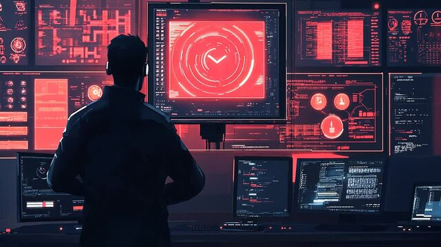 Cybersecurity Analyst Monitoring Network Security Data on Multiple Screens in Dark Room