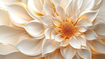 Geometric symmetry infused with golden chrysanthemum patterns, intricate petal details and smooth flowing lines, glowing highlights on a soft gradient of cream and gold, refined and elegant,