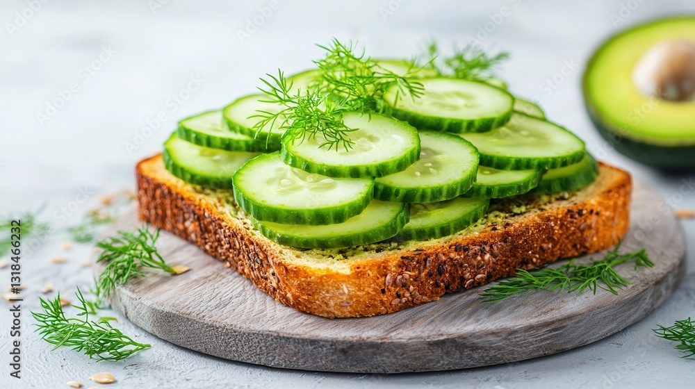 Poster fresh cucumber slices on toast with garnish and avocado nearby
