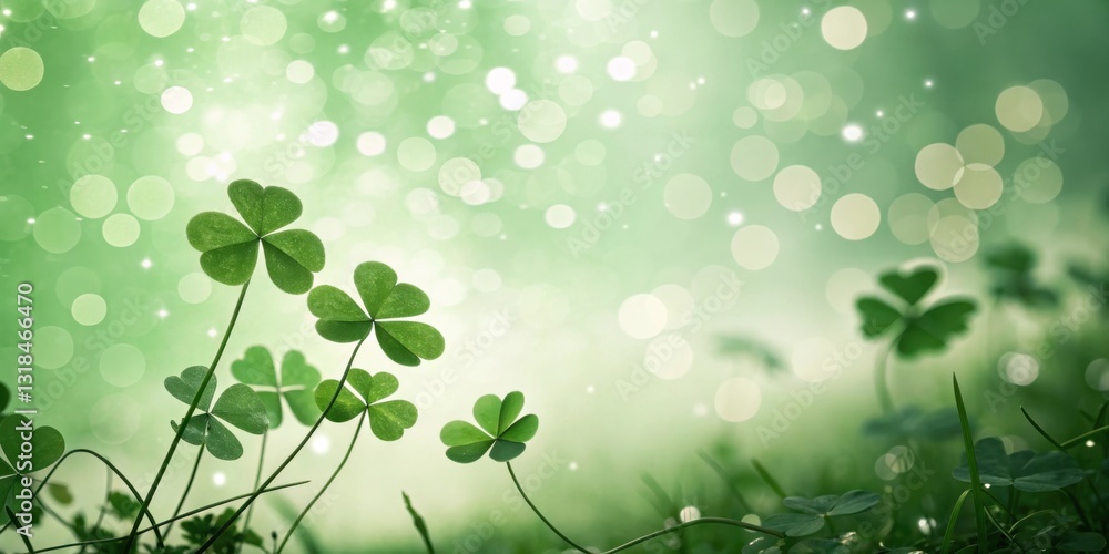 Aufkleber shamrock leaves in a soft green and white bokeh background, creating a whimsical and magical scene.
