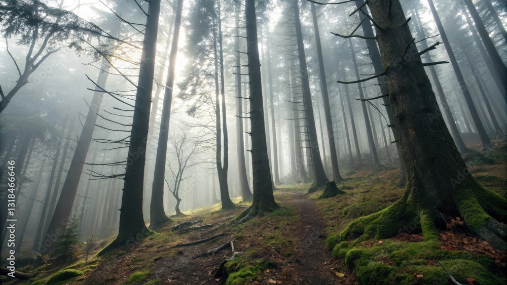 Poster a pathway through a mystical forest, where sunlight filters through dense foliage and mist hangs hea