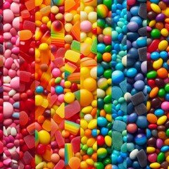 An irresistible assortment of colorful rainbow candies, featuring glossy, sugar-coated, and chewy textures, carefully arranged for a bright and playful effect