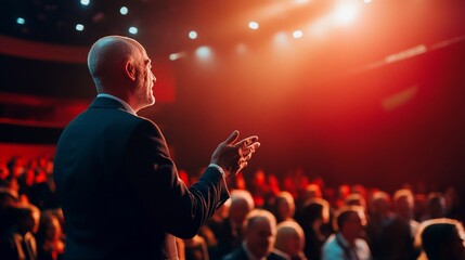 Charismatic speaker engaging audience with powerful speech at a conference hall