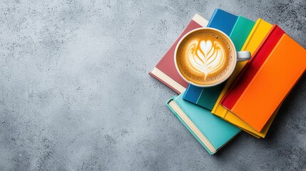 Cozy Coffee Moment with Colorful Books and Latte Art Displayed