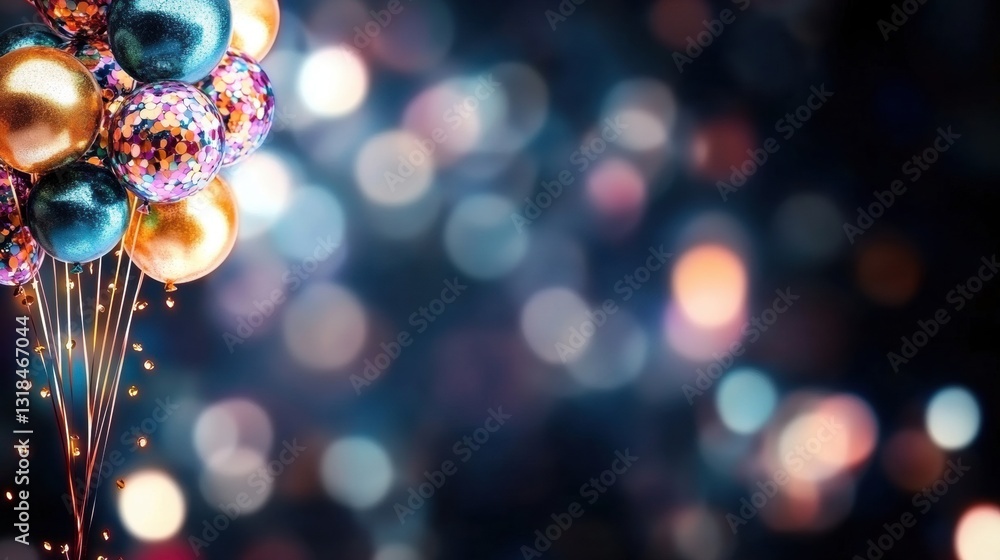 Poster colorful balloons with confetti reflect light while hovering in a festive atmosphere, creating a joy