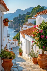 Charming coastal alleyway lined with vibrant flowers in a picturesque Mediterranean village near the sea
