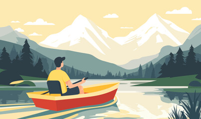 Man Exploring Mountain River in Minimalist Style - Adventure and Nature Vacation