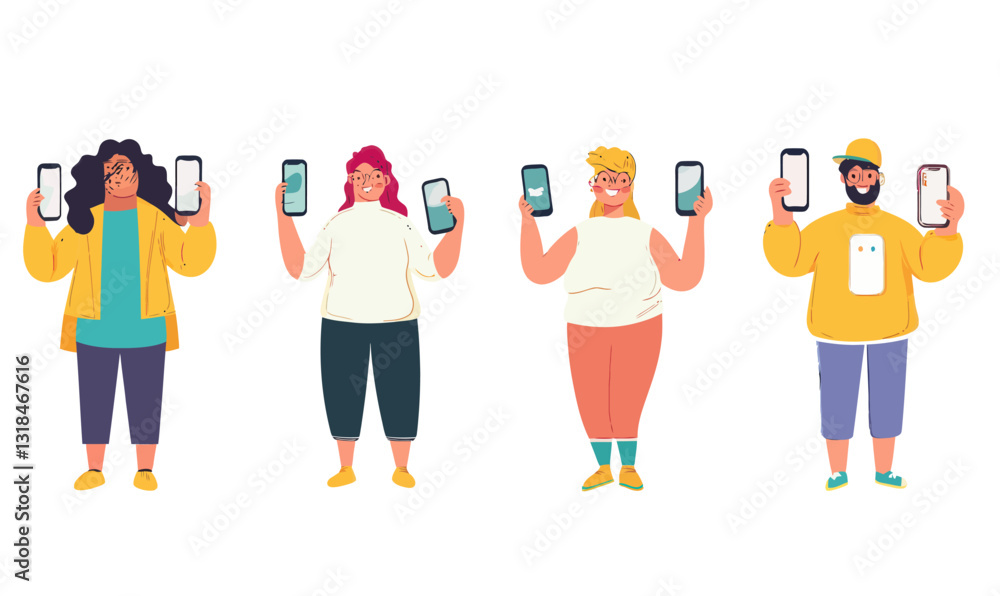 Poster diverse characters displaying mobile screens with happy gestures illustrating technology and connect