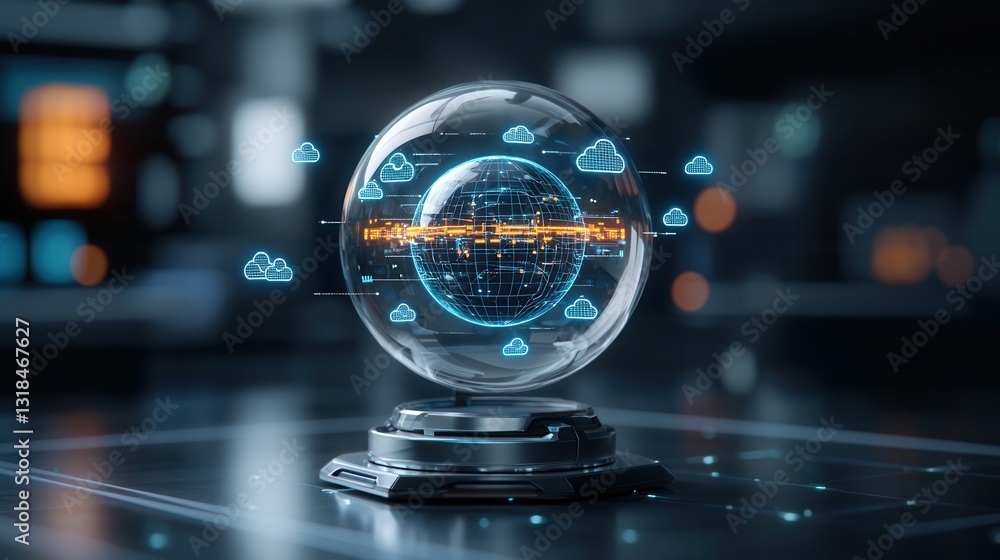 Poster a stunning futuristic concept featuring a sleek crystal sphere displaying intricate digital data int