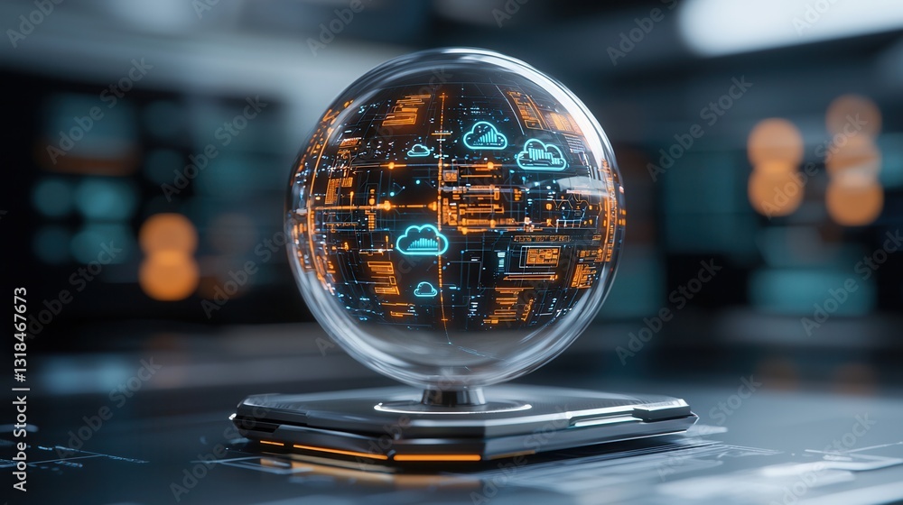 Aufkleber a stunning futuristic concept featuring a sleek transparent crystal sphere with glowing digital circ