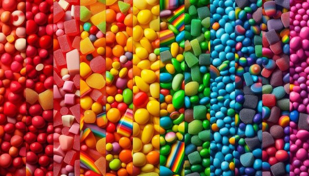 A vibrant rainbow collage of assorted colorful candies, including jelly beans, gummies, and chewy sweets, arranged in a visually striking spectrum