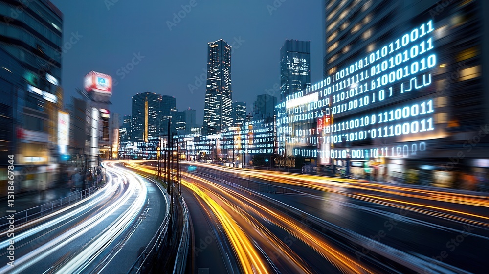 Poster a stunning futuristic metropolis at night where towering skyscrapers and illuminated highways create